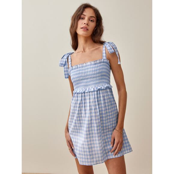 Reformation Dawson Gingham Short Mini Dress XS Women’s Blue - Picture 5 of 6